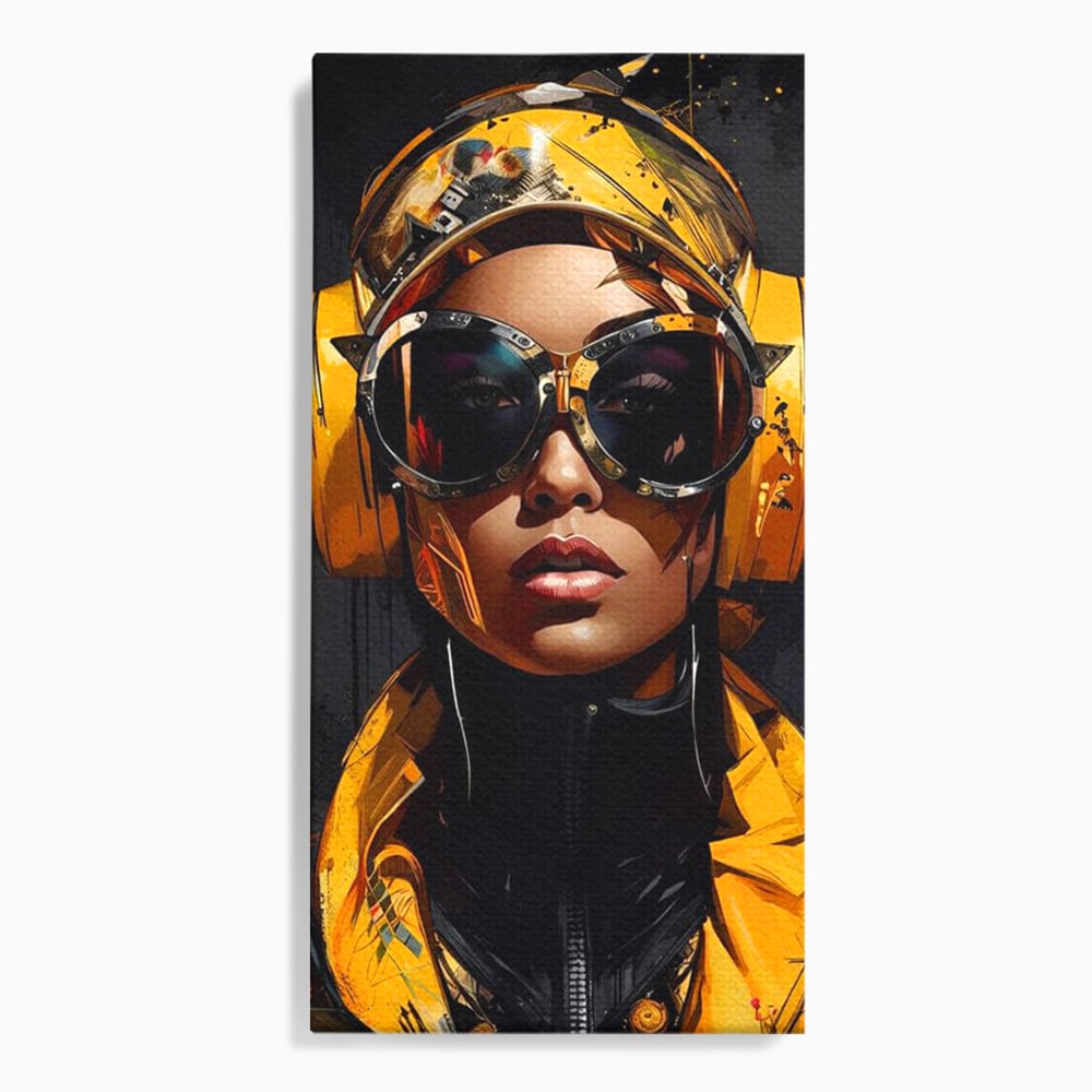 Tablou Canvas Premium, LuxCanva® G1098, Fata Viitorului, Privire, Cyber, Galben, Ochelari, Casti, Urban, Galactic, Avangardist, Living, Dormitor
