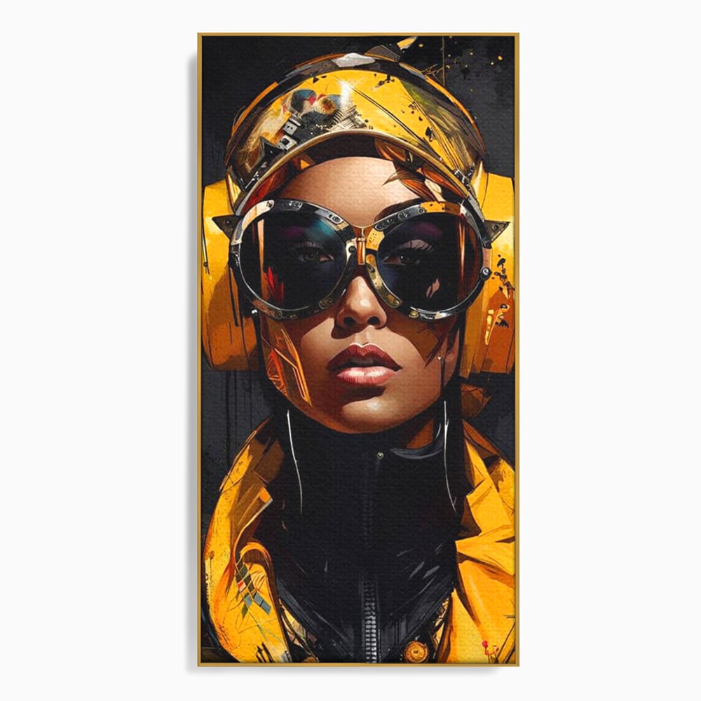Tablou Canvas Premium, LuxCanva® G1098, Fata Viitorului, Privire, Cyber, Galben, Ochelari, Casti, Urban, Galactic, Avangardist, Living, Dormitor