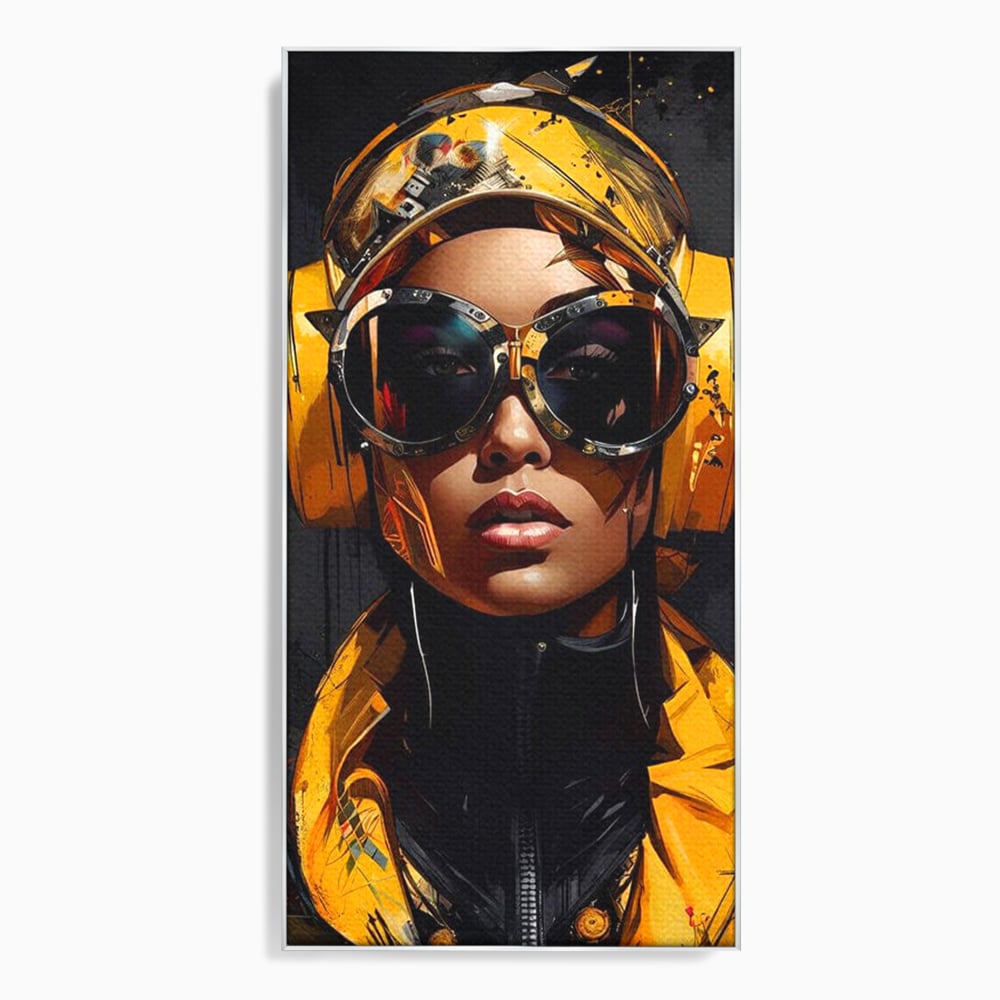 Tablou Canvas Premium, LuxCanva® G1098, Fata Viitorului, Privire, Cyber, Galben, Ochelari, Casti, Urban, Galactic, Avangardist, Living, Dormitor