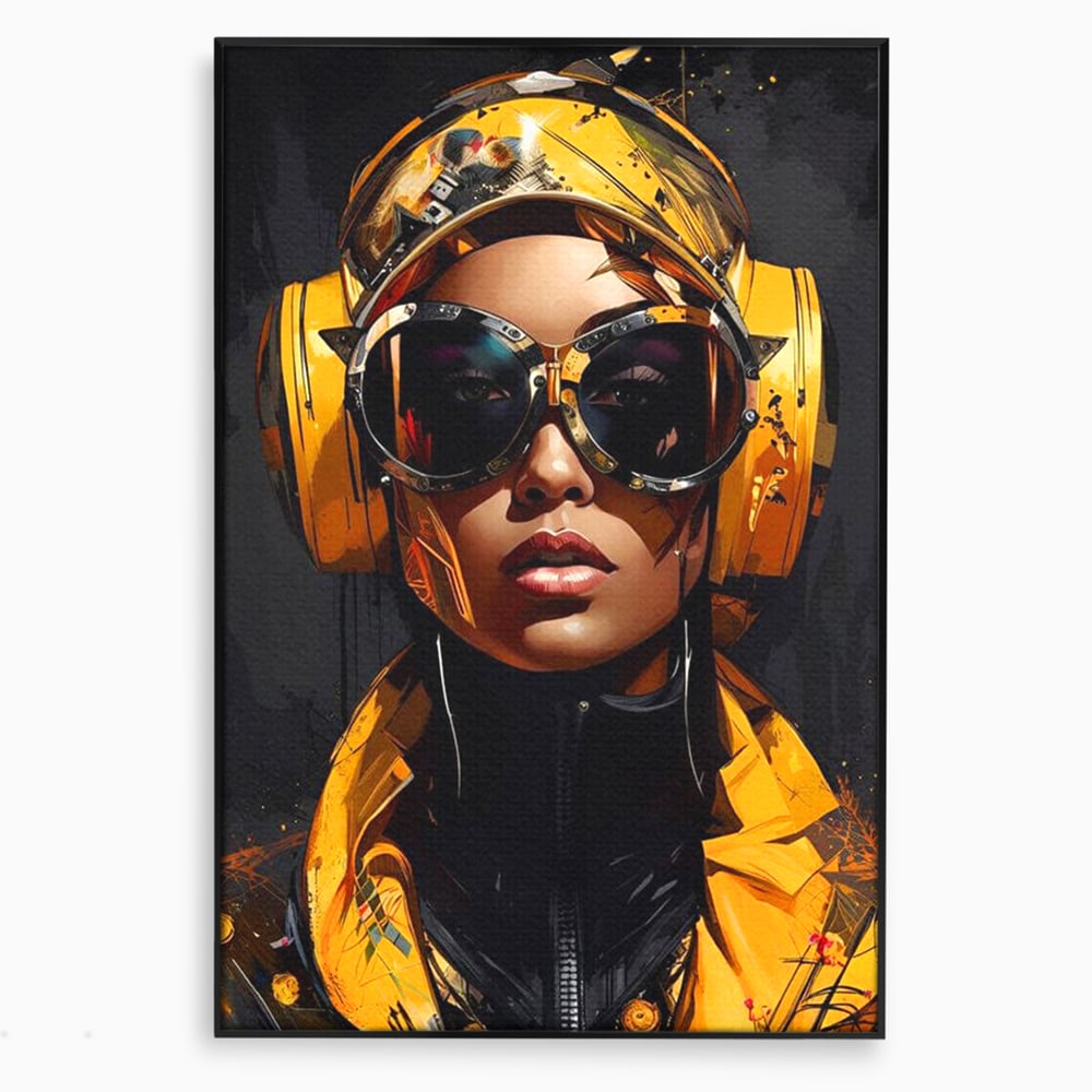 Tablou Canvas Premium, LuxCanva® G1098, Fata Viitorului, Privire, Cyber, Galben, Ochelari, Casti, Urban, Galactic, Avangardist, Living, Dormitor