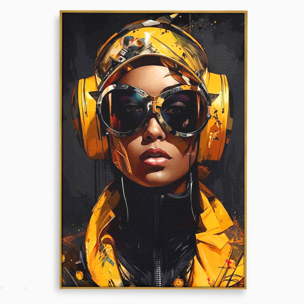 Tablou Canvas Premium, LuxCanva® G1098, Fata Viitorului, Privire, Cyber, Galben, Ochelari, Casti, Urban, Galactic, Avangardist, Living, Dormitor