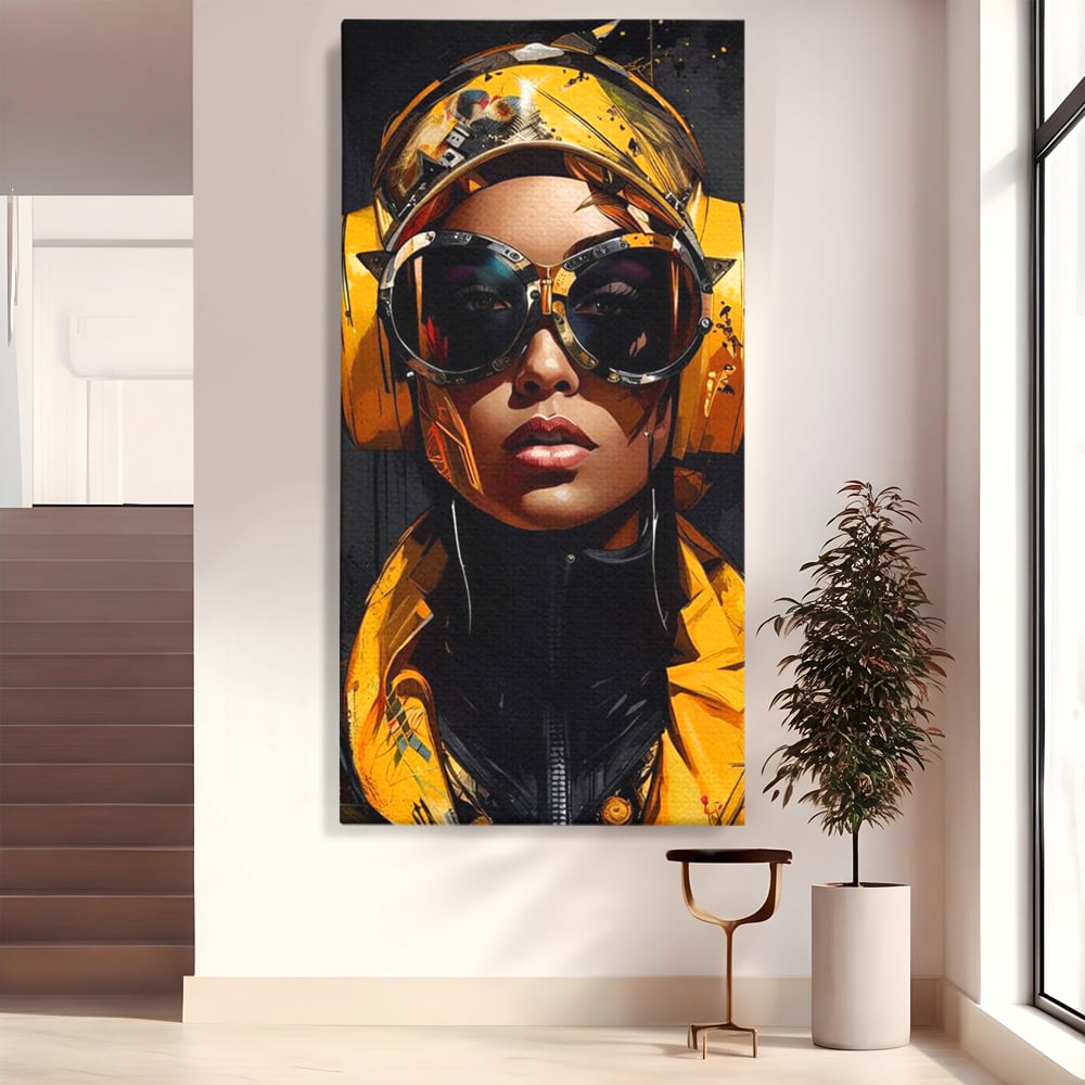 Tablou Canvas Premium, LuxCanva® G1098, Fata Viitorului, Privire, Cyber, Galben, Ochelari, Casti, Urban, Galactic, Avangardist, Living, Dormitor