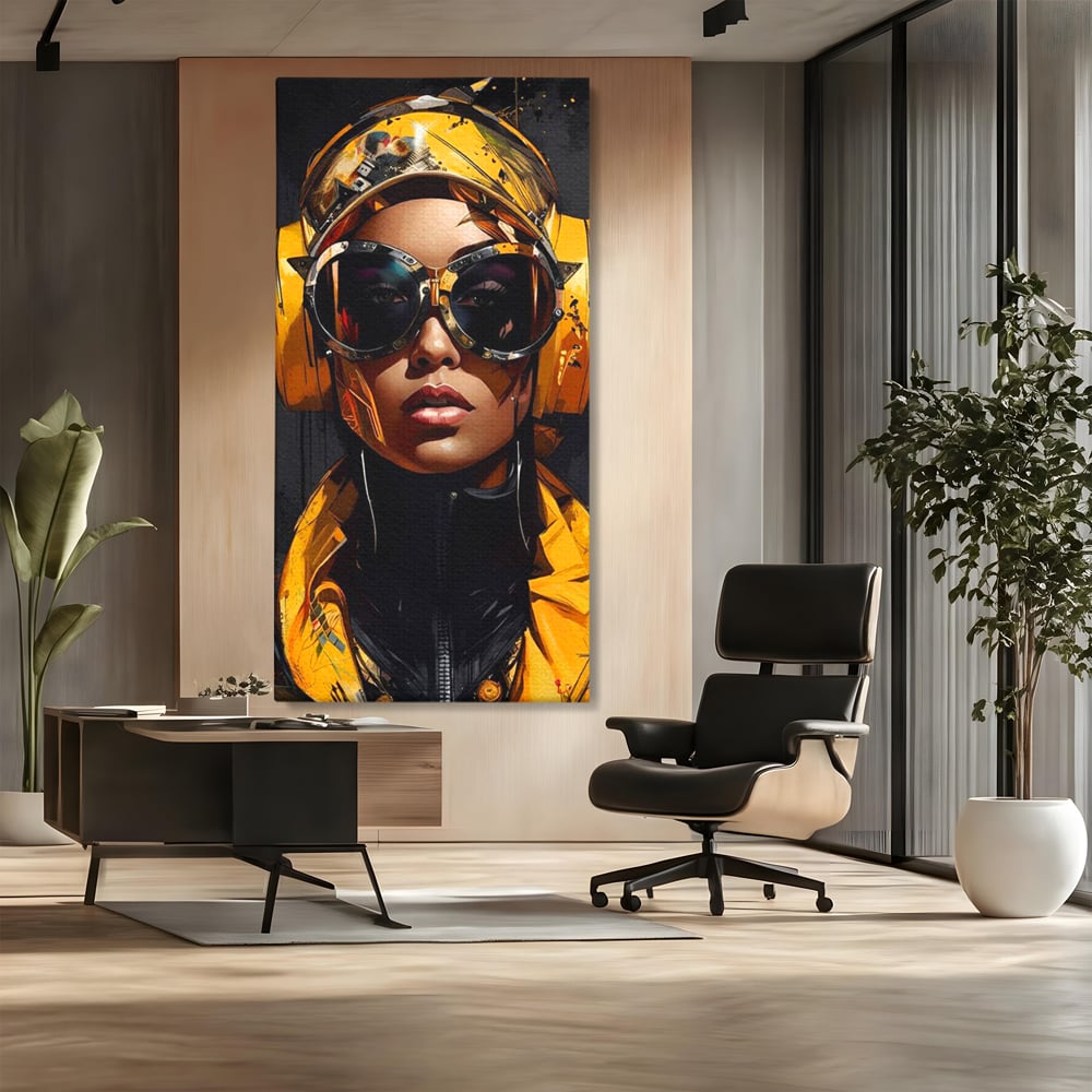 Tablou Canvas Premium, LuxCanva® G1098, Fata Viitorului, Privire, Cyber, Galben, Ochelari, Casti, Urban, Galactic, Avangardist, Living, Dormitor