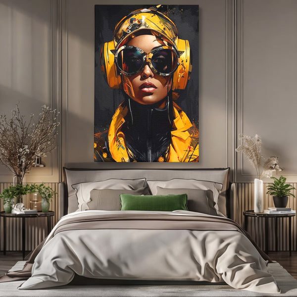 Tablou Canvas Premium, LuxCanva® G1098, Fata Viitorului, Privire, Cyber, Galben, Ochelari, Casti, Urban, Galactic, Avangardist, Living, Dormitor