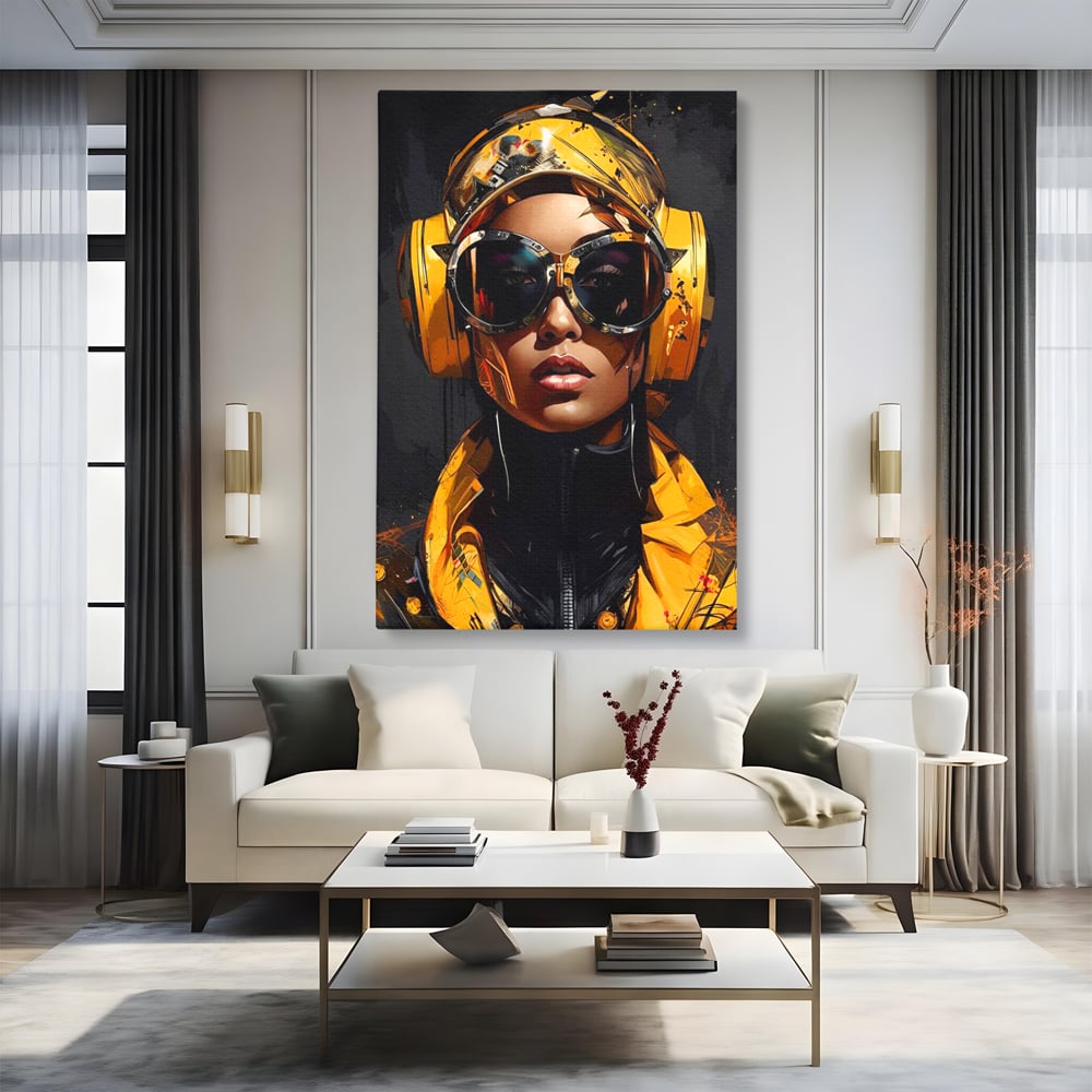 Tablou Canvas Premium, LuxCanva® G1098, Fata Viitorului, Privire, Cyber, Galben, Ochelari, Casti, Urban, Galactic, Avangardist, Living, Dormitor