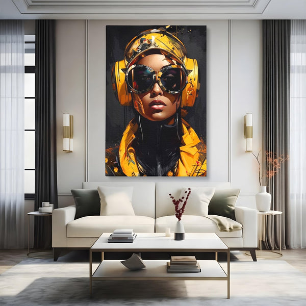 Tablou Canvas Premium, LuxCanva® G1098, Fata Viitorului, Privire, Cyber, Galben, Ochelari, Casti, Urban, Galactic, Avangardist, Living, Dormitor
