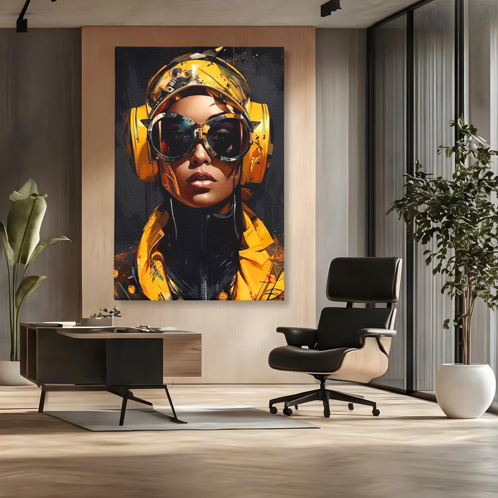 Tablou Canvas Premium, LuxCanva® G1098, Fata Viitorului, Privire, Cyber, Galben, Ochelari, Casti, Urban, Galactic, Avangardist, Living, Dormitor