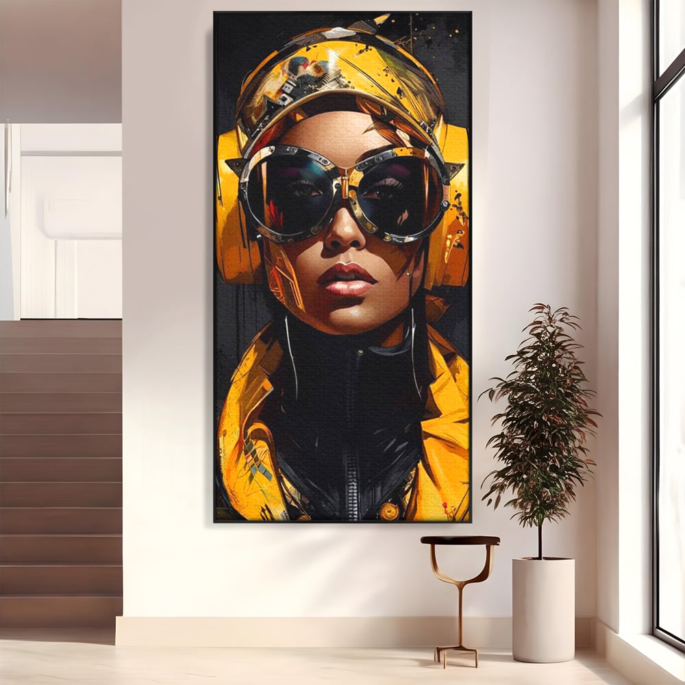 Tablou Canvas Premium, LuxCanva® G1098, Fata Viitorului, Privire, Cyber, Galben, Ochelari, Casti, Urban, Galactic, Avangardist, Living, Dormitor