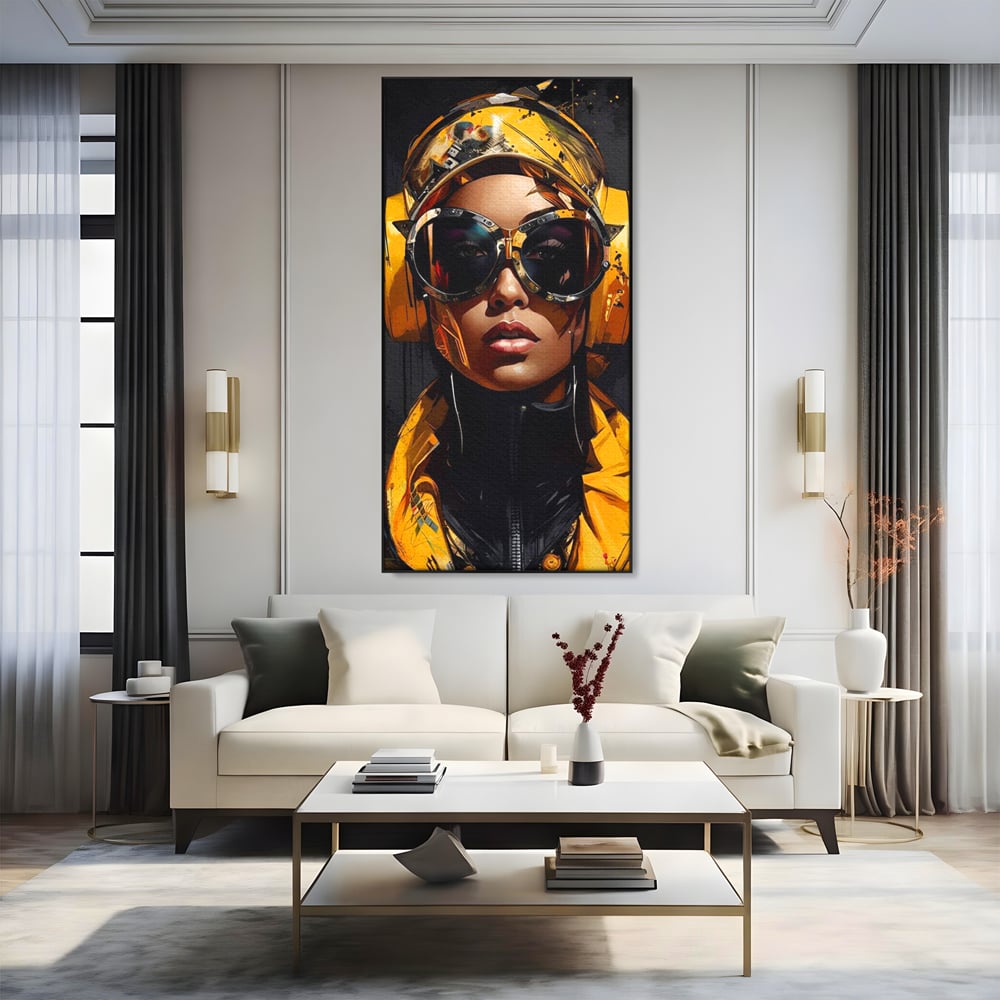 Tablou Canvas Premium, LuxCanva® G1098, Fata Viitorului, Privire, Cyber, Galben, Ochelari, Casti, Urban, Galactic, Avangardist, Living, Dormitor