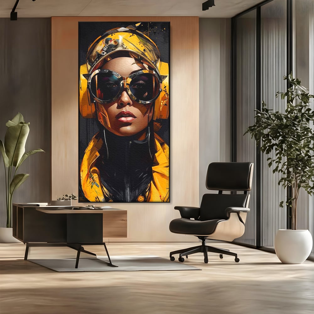 Tablou Canvas Premium, LuxCanva® G1098, Fata Viitorului, Privire, Cyber, Galben, Ochelari, Casti, Urban, Galactic, Avangardist, Living, Dormitor