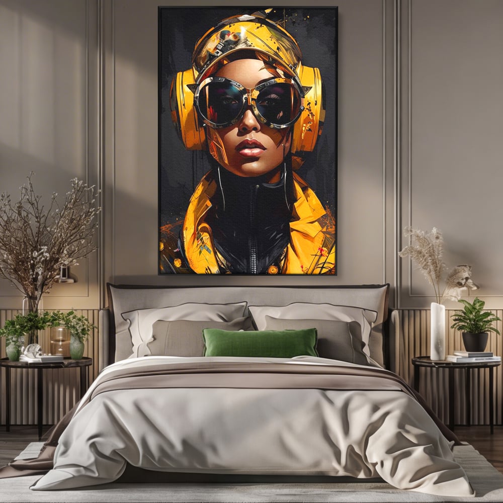 Tablou Canvas Premium, LuxCanva® G1098, Fata Viitorului, Privire, Cyber, Galben, Ochelari, Casti, Urban, Galactic, Avangardist, Living, Dormitor