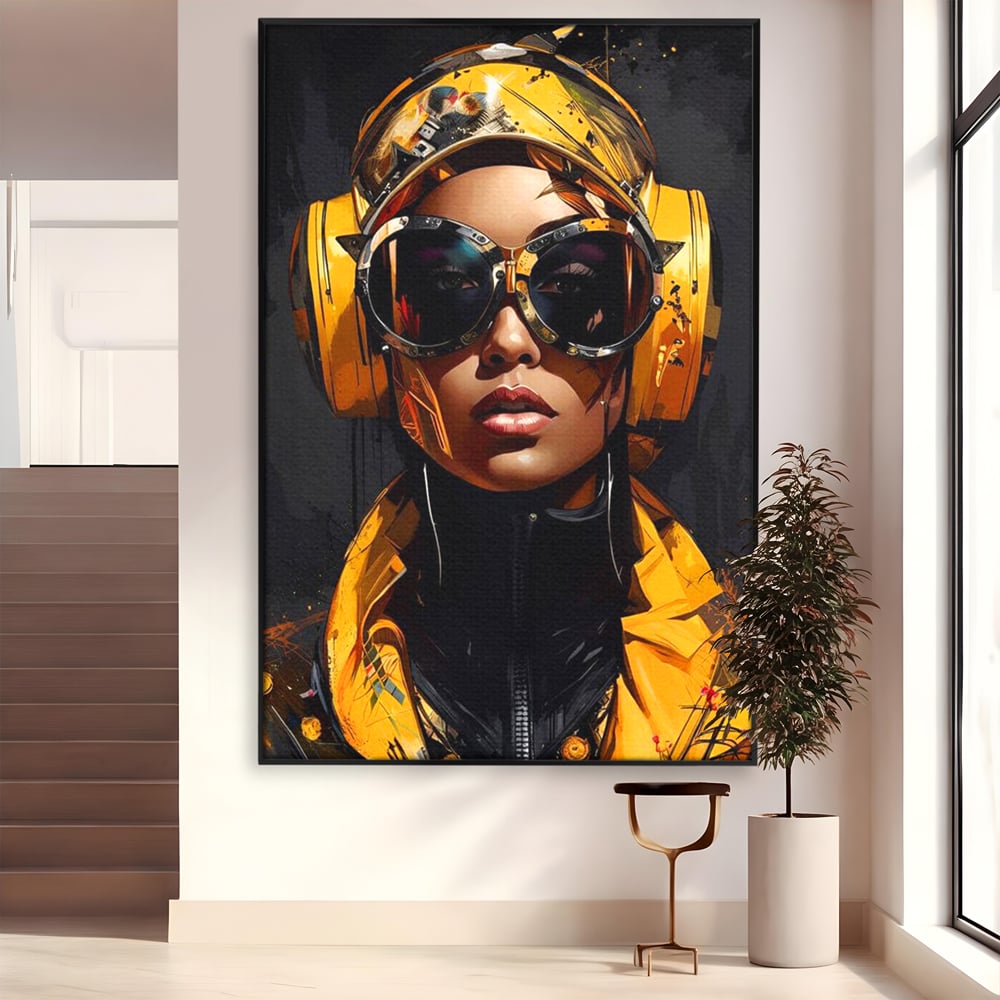 Tablou Canvas Premium, LuxCanva® G1098, Fata Viitorului, Privire, Cyber, Galben, Ochelari, Casti, Urban, Galactic, Avangardist, Living, Dormitor