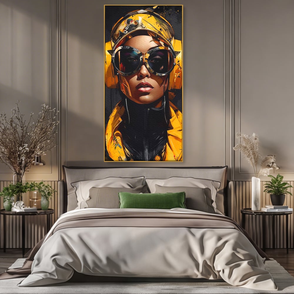Tablou Canvas Premium, LuxCanva® G1098, Fata Viitorului, Privire, Cyber, Galben, Ochelari, Casti, Urban, Galactic, Avangardist, Living, Dormitor