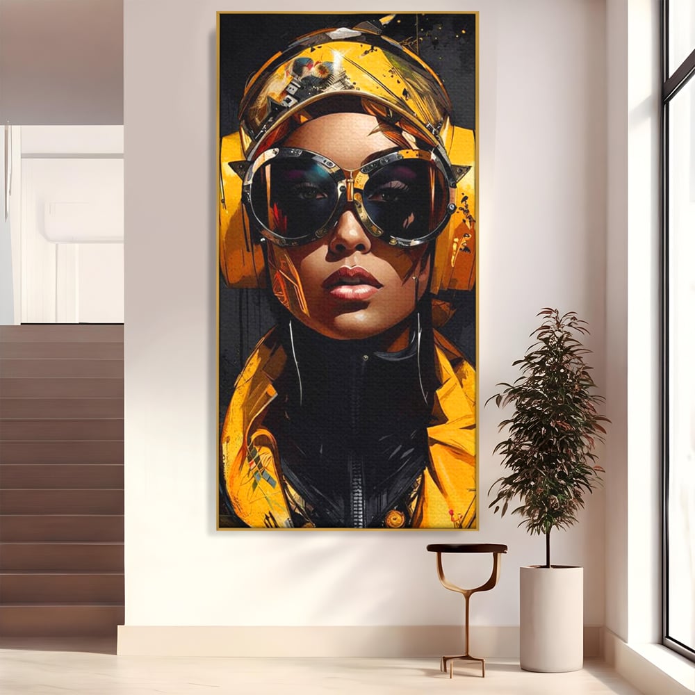 Tablou Canvas Premium, LuxCanva® G1098, Fata Viitorului, Privire, Cyber, Galben, Ochelari, Casti, Urban, Galactic, Avangardist, Living, Dormitor
