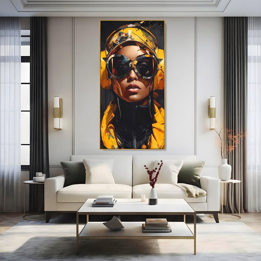 Tablou Canvas Premium, LuxCanva® G1098, Fata Viitorului, Privire, Cyber, Galben, Ochelari, Casti, Urban, Galactic, Avangardist, Living, Dormitor