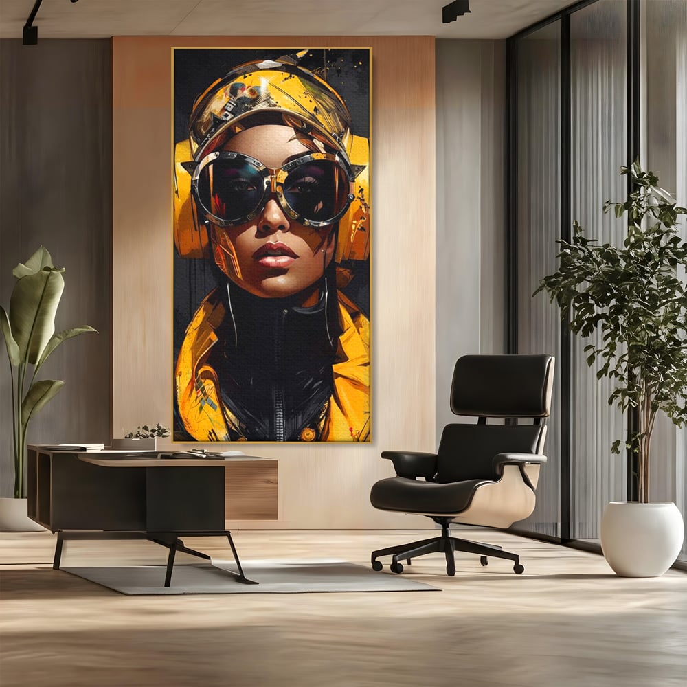 Tablou Canvas Premium, LuxCanva® G1098, Fata Viitorului, Privire, Cyber, Galben, Ochelari, Casti, Urban, Galactic, Avangardist, Living, Dormitor