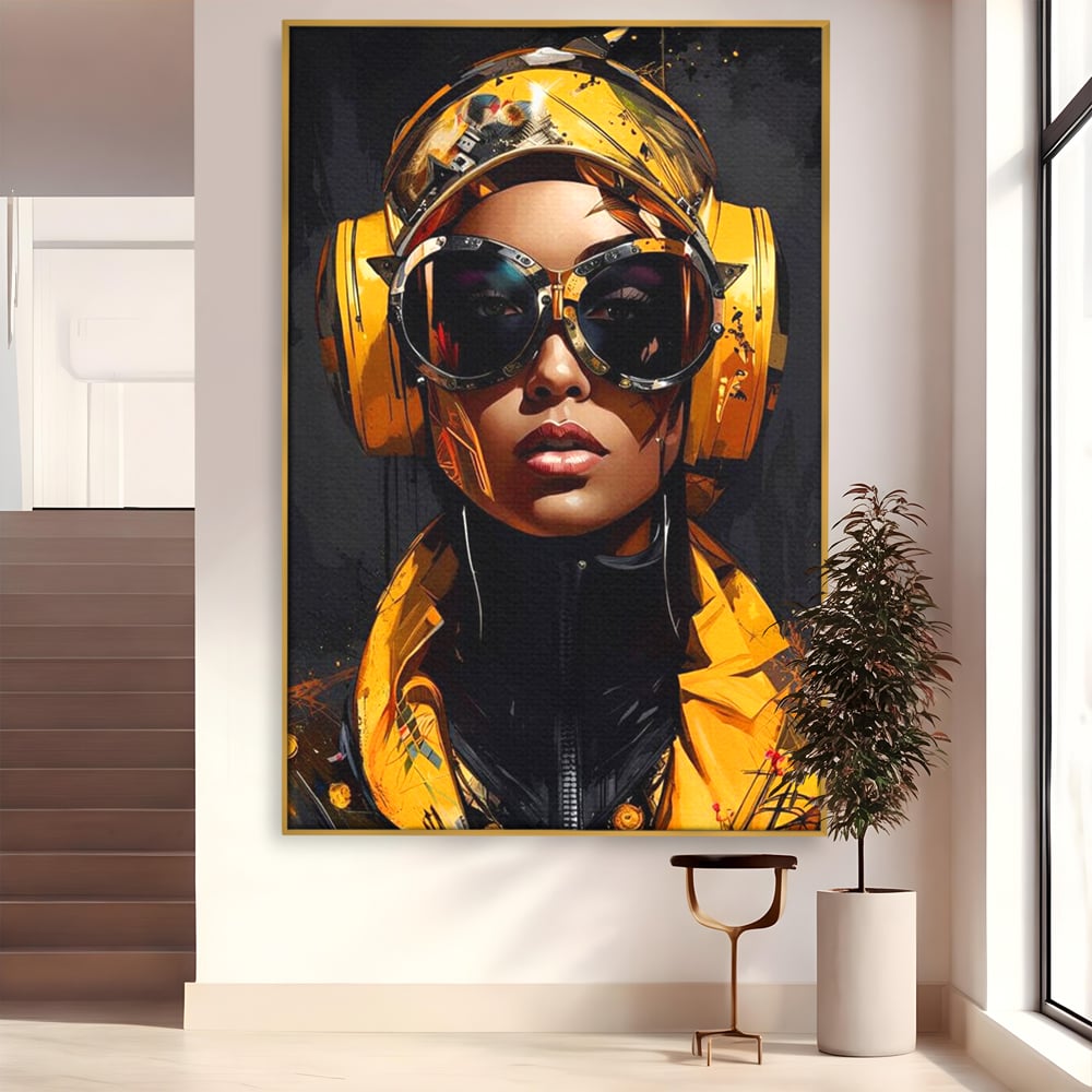 Tablou Canvas Premium, LuxCanva® G1098, Fata Viitorului, Privire, Cyber, Galben, Ochelari, Casti, Urban, Galactic, Avangardist, Living, Dormitor