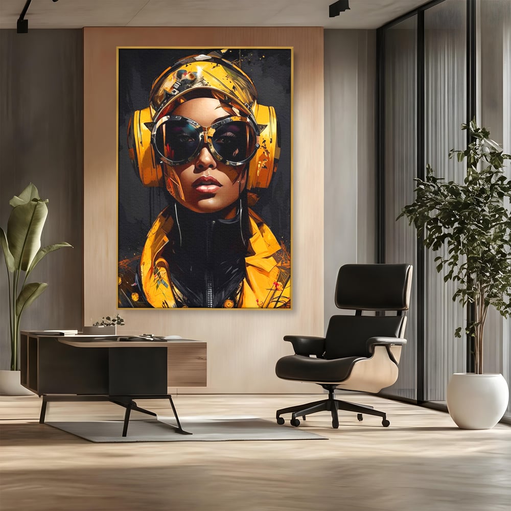 Tablou Canvas Premium, LuxCanva® G1098, Fata Viitorului, Privire, Cyber, Galben, Ochelari, Casti, Urban, Galactic, Avangardist, Living, Dormitor