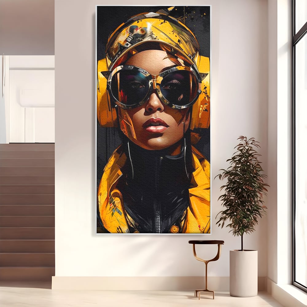 Tablou Canvas Premium, LuxCanva® G1098, Fata Viitorului, Privire, Cyber, Galben, Ochelari, Casti, Urban, Galactic, Avangardist, Living, Dormitor