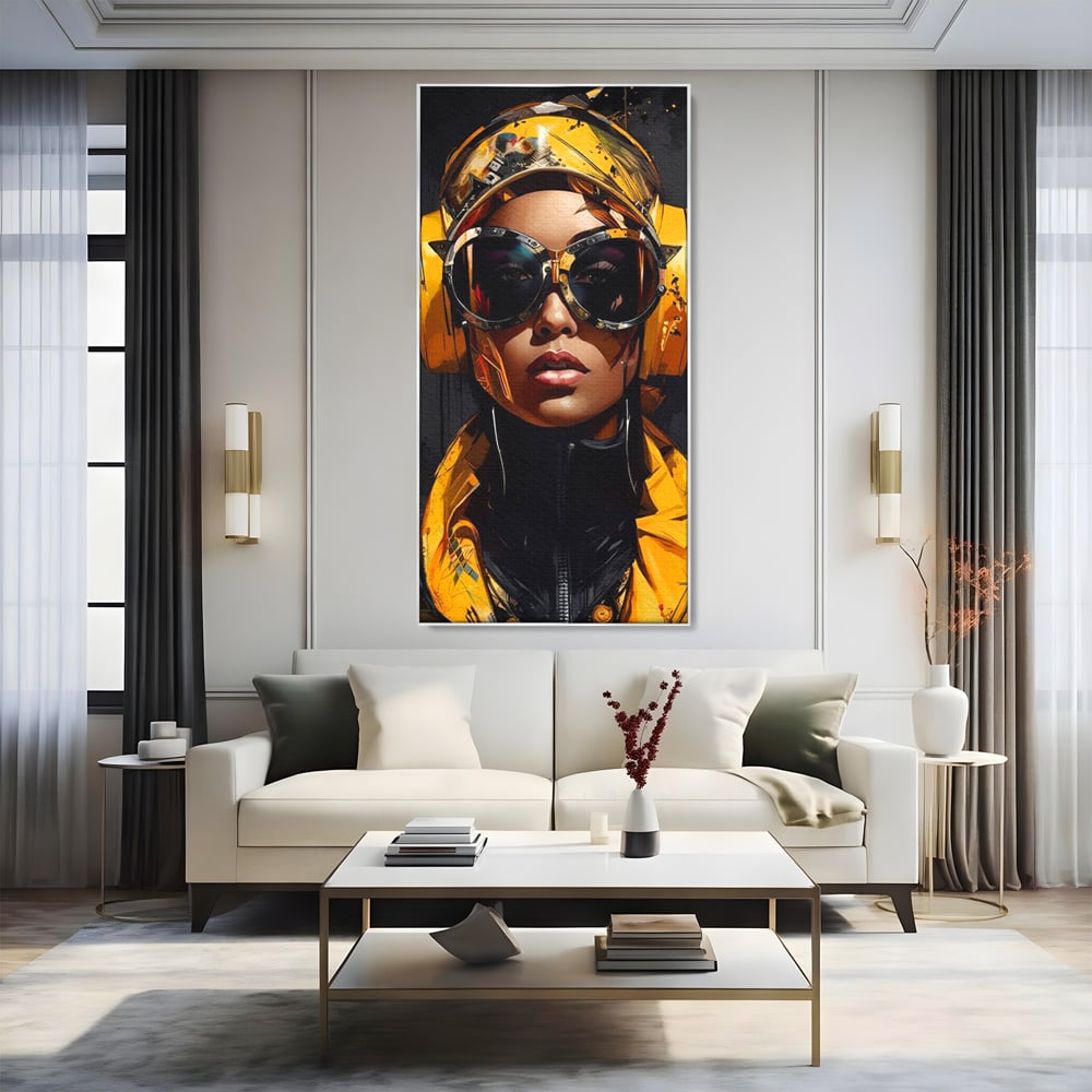 Tablou Canvas Premium, LuxCanva® G1098, Fata Viitorului, Privire, Cyber, Galben, Ochelari, Casti, Urban, Galactic, Avangardist, Living, Dormitor