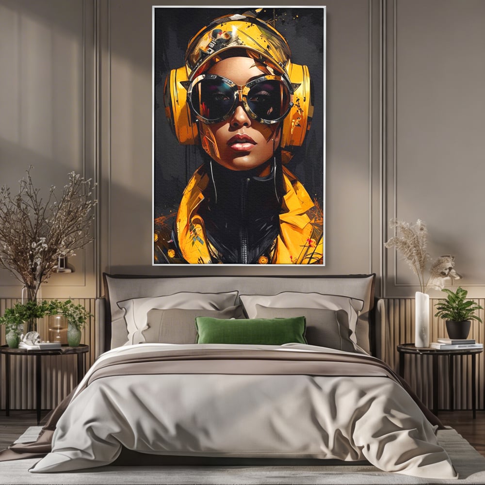 Tablou Canvas Premium, LuxCanva® G1098, Fata Viitorului, Privire, Cyber, Galben, Ochelari, Casti, Urban, Galactic, Avangardist, Living, Dormitor