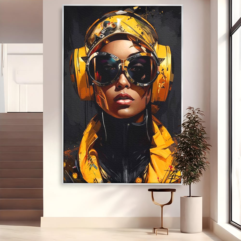 Tablou Canvas Premium, LuxCanva® G1098, Fata Viitorului, Privire, Cyber, Galben, Ochelari, Casti, Urban, Galactic, Avangardist, Living, Dormitor