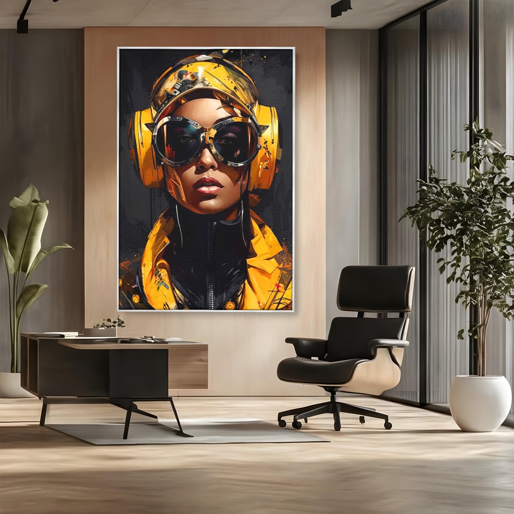 Tablou Canvas Premium, LuxCanva® G1098, Fata Viitorului, Privire, Cyber, Galben, Ochelari, Casti, Urban, Galactic, Avangardist, Living, Dormitor