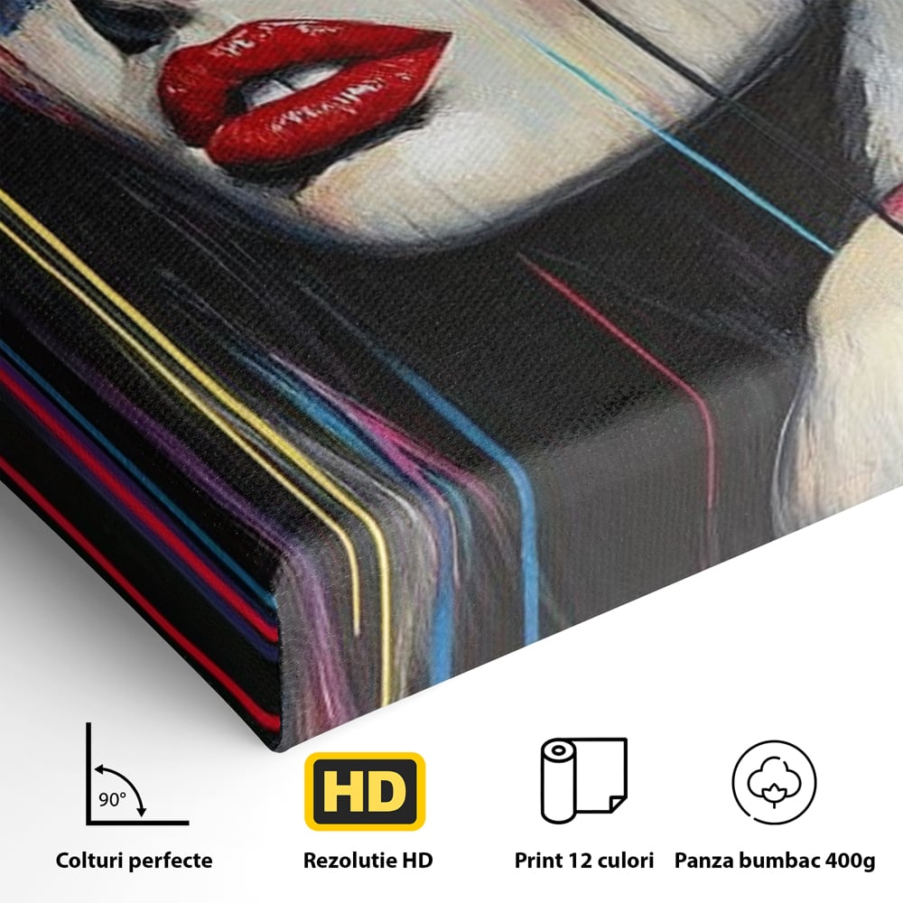 Leinwand Premium Canvas Wandbilder, LuxCanva® G1099, Farbe Drama, Glam, Neon, Lippen, Rot, Exzentrisch, Grazien, Hut, Hut, Portrait, Feminismus, Wohnen, Schlafzimmer