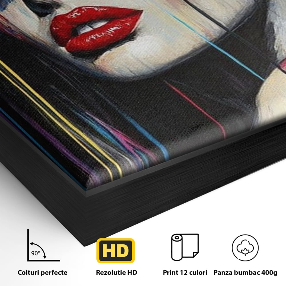 Leinwand Premium Canvas Wandbilder, LuxCanva® G1099, Farbe Drama, Glam, Neon, Lippen, Rot, Exzentrisch, Grazien, Hut, Hut, Portrait, Feminismus, Wohnen, Schlafzimmer