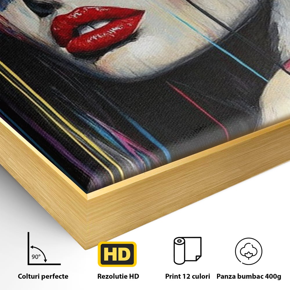 Leinwand Premium Canvas Wandbilder, LuxCanva® G1099, Farbe Drama, Glam, Neon, Lippen, Rot, Exzentrisch, Grazien, Hut, Hut, Portrait, Feminismus, Wohnen, Schlafzimmer