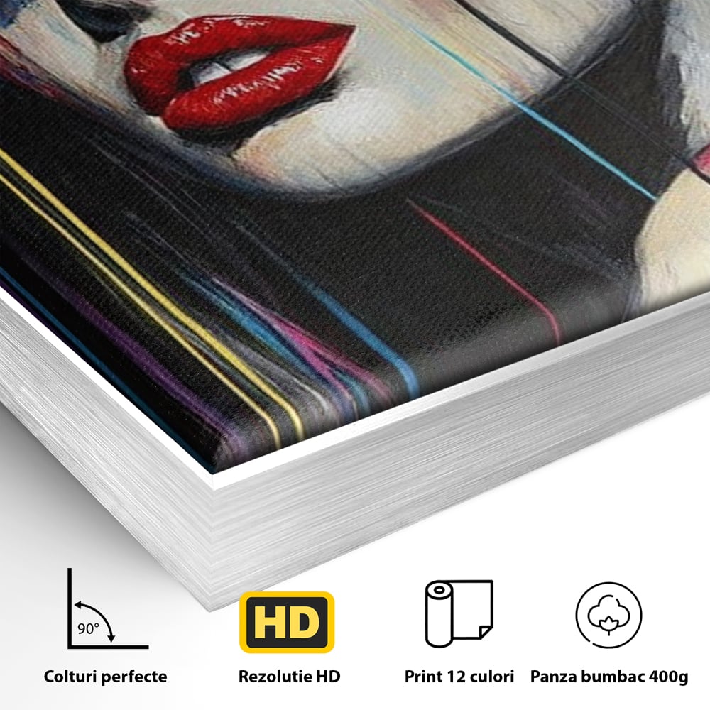 Leinwand Premium Canvas Wandbilder, LuxCanva® G1099, Farbe Drama, Glam, Neon, Lippen, Rot, Exzentrisch, Grazien, Hut, Hut, Portrait, Feminismus, Wohnen, Schlafzimmer