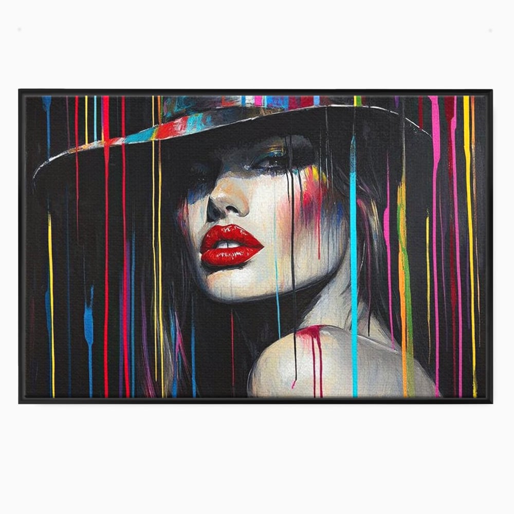 Leinwand Premium Canvas Wandbilder, LuxCanva® G1099, Farbe Drama, Glam, Neon, Lippen, Rot, Exzentrisch, Grazien, Hut, Hut, Portrait, Feminismus, Wohnen, Schlafzimmer