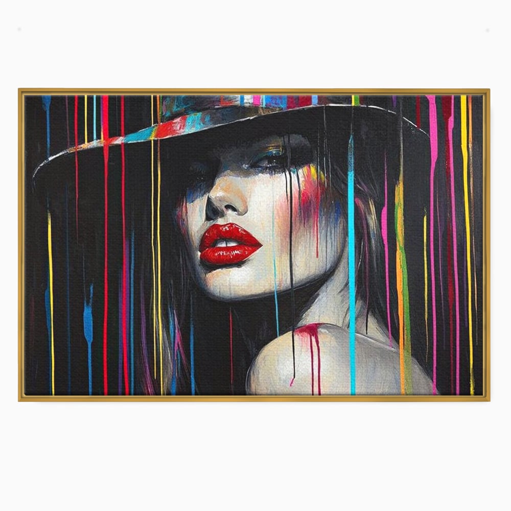 Leinwand Premium Canvas Wandbilder, LuxCanva® G1099, Farbe Drama, Glam, Neon, Lippen, Rot, Exzentrisch, Grazien, Hut, Hut, Portrait, Feminismus, Wohnen, Schlafzimmer
