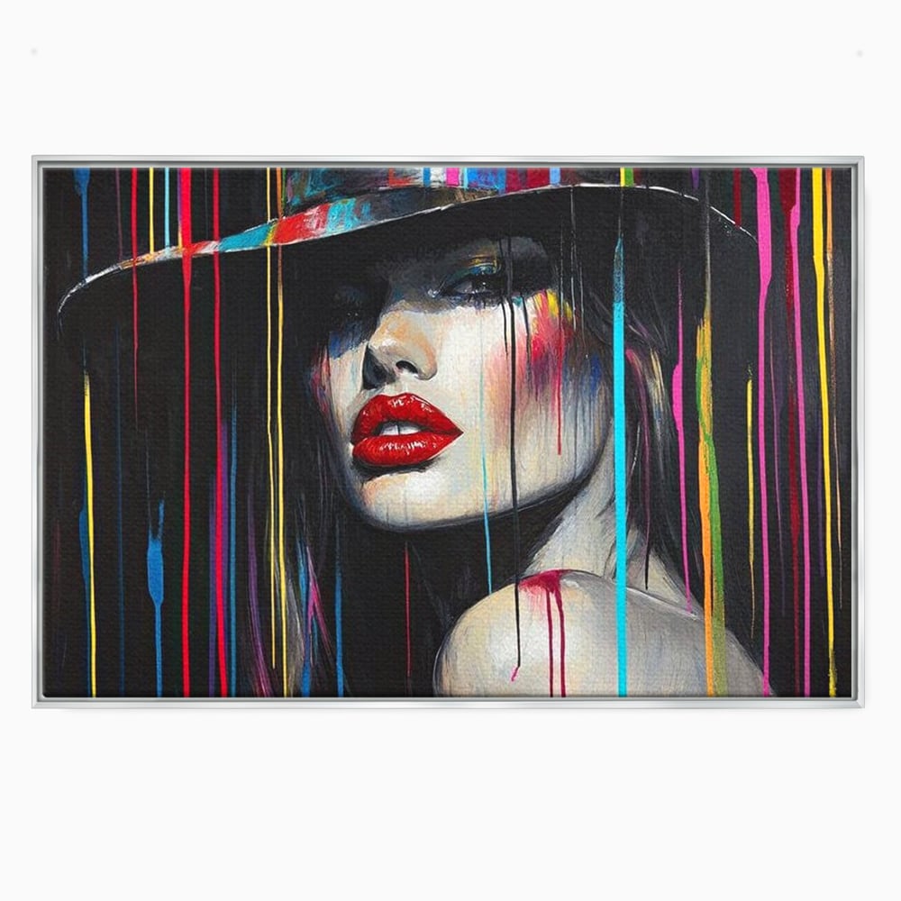 Leinwand Premium Canvas Wandbilder, LuxCanva® G1099, Farbe Drama, Glam, Neon, Lippen, Rot, Exzentrisch, Grazien, Hut, Hut, Portrait, Feminismus, Wohnen, Schlafzimmer