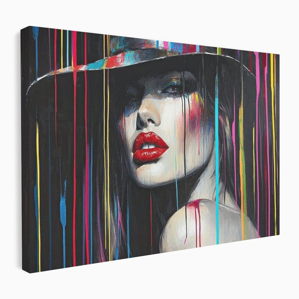 Leinwand Premium Canvas Wandbilder, LuxCanva® G1099, Farbe Drama, Glam, Neon, Lippen, Rot, Exzentrisch, Grazien, Hut, Hut, Portrait, Feminismus, Wohnen, Schlafzimmer