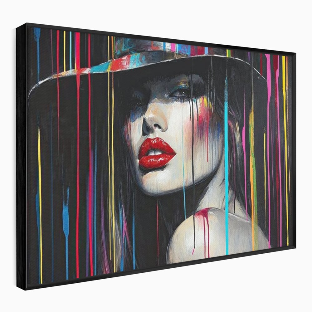 Leinwand Premium Canvas Wandbilder, LuxCanva® G1099, Farbe Drama, Glam, Neon, Lippen, Rot, Exzentrisch, Grazien, Hut, Hut, Portrait, Feminismus, Wohnen, Schlafzimmer