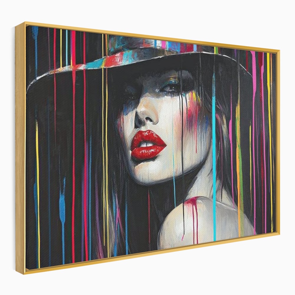 Leinwand Premium Canvas Wandbilder, LuxCanva® G1099, Farbe Drama, Glam, Neon, Lippen, Rot, Exzentrisch, Grazien, Hut, Hut, Portrait, Feminismus, Wohnen, Schlafzimmer