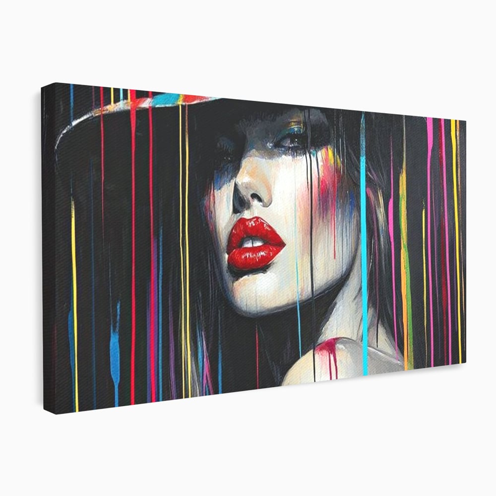 Leinwand Premium Canvas Wandbilder, LuxCanva® G1099, Farbe Drama, Glam, Neon, Lippen, Rot, Exzentrisch, Grazien, Hut, Hut, Portrait, Feminismus, Wohnen, Schlafzimmer