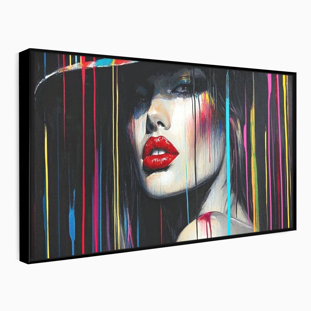 Leinwand Premium Canvas Wandbilder, LuxCanva® G1099, Farbe Drama, Glam, Neon, Lippen, Rot, Exzentrisch, Grazien, Hut, Hut, Portrait, Feminismus, Wohnen, Schlafzimmer