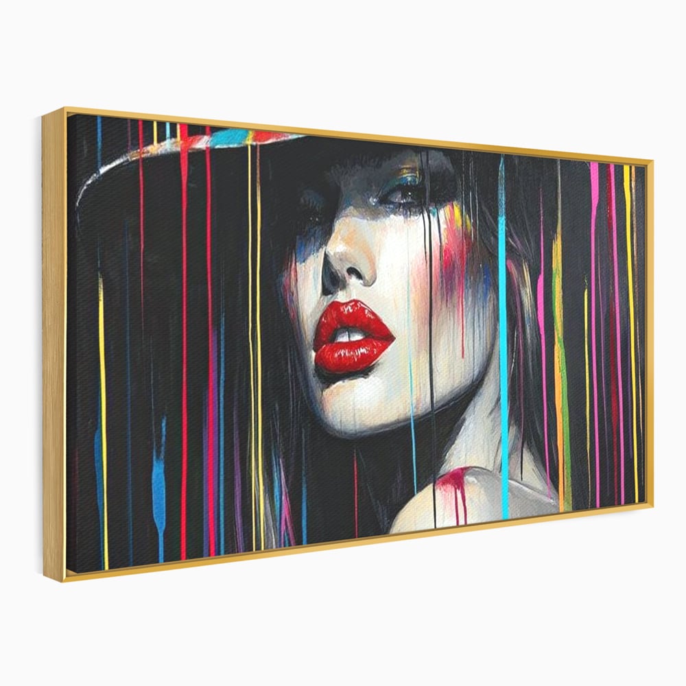 Leinwand Premium Canvas Wandbilder, LuxCanva® G1099, Farbe Drama, Glam, Neon, Lippen, Rot, Exzentrisch, Grazien, Hut, Hut, Portrait, Feminismus, Wohnen, Schlafzimmer