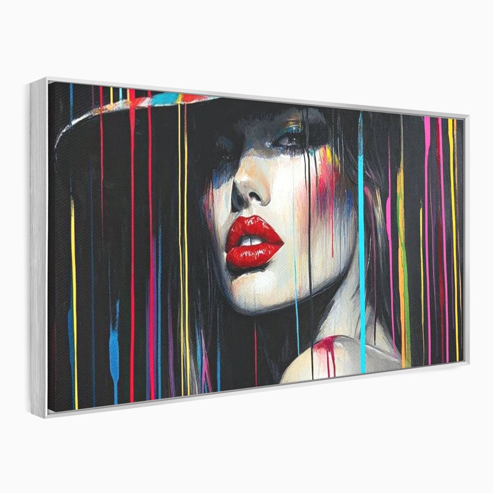 Leinwand Premium Canvas Wandbilder, LuxCanva® G1099, Farbe Drama, Glam, Neon, Lippen, Rot, Exzentrisch, Grazien, Hut, Hut, Portrait, Feminismus, Wohnen, Schlafzimmer