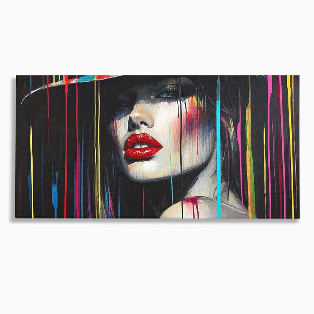 Leinwand Premium Canvas Wandbilder, LuxCanva® G1099, Farbe Drama, Glam, Neon, Lippen, Rot, Exzentrisch, Grazien, Hut, Hut, Portrait, Feminismus, Wohnen, Schlafzimmer
