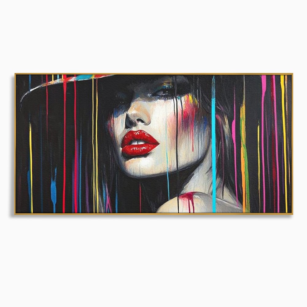 Leinwand Premium Canvas Wandbilder, LuxCanva® G1099, Farbe Drama, Glam, Neon, Lippen, Rot, Exzentrisch, Grazien, Hut, Hut, Portrait, Feminismus, Wohnen, Schlafzimmer