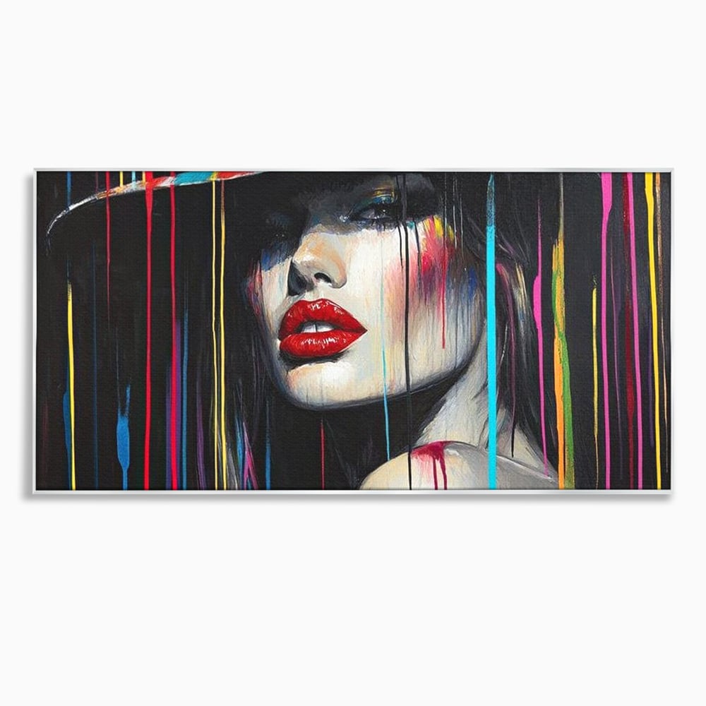 Leinwand Premium Canvas Wandbilder, LuxCanva® G1099, Farbe Drama, Glam, Neon, Lippen, Rot, Exzentrisch, Grazien, Hut, Hut, Portrait, Feminismus, Wohnen, Schlafzimmer