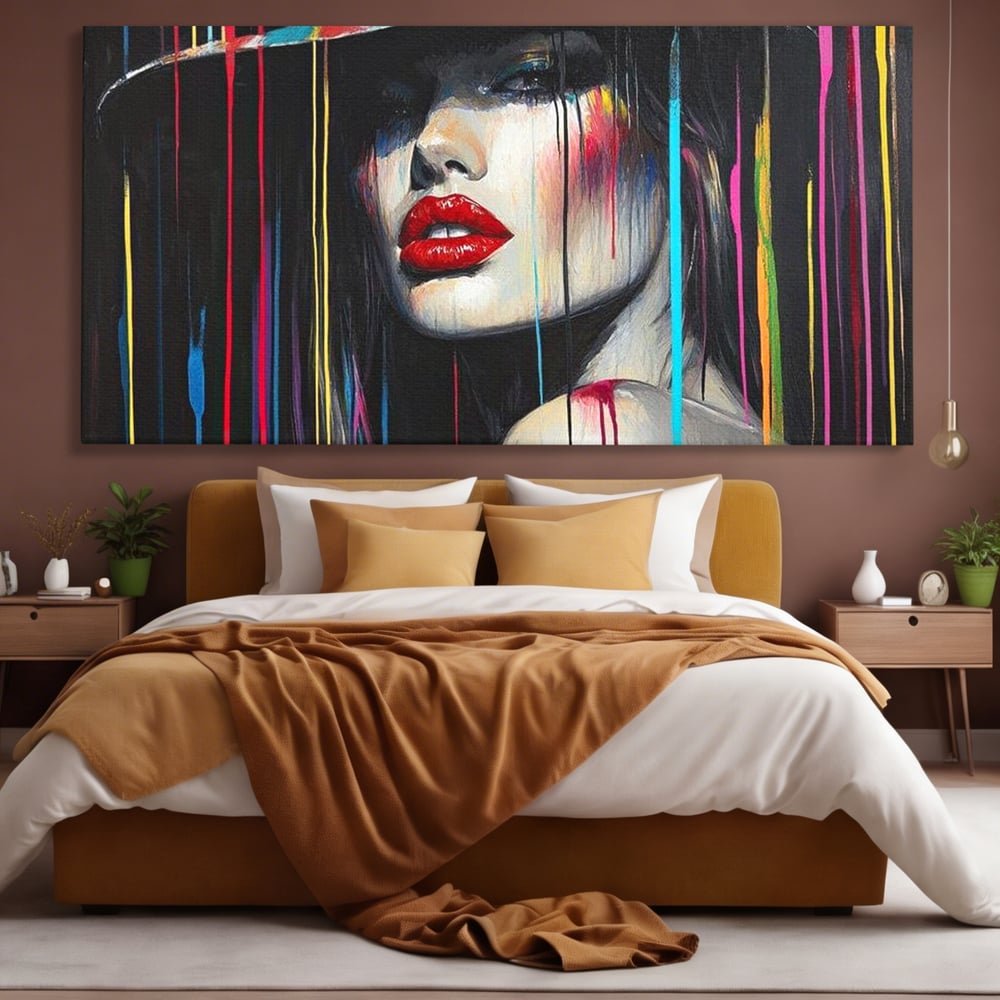 Leinwand Premium Canvas Wandbilder, LuxCanva® G1099, Farbe Drama, Glam, Neon, Lippen, Rot, Exzentrisch, Grazien, Hut, Hut, Portrait, Feminismus, Wohnen, Schlafzimmer