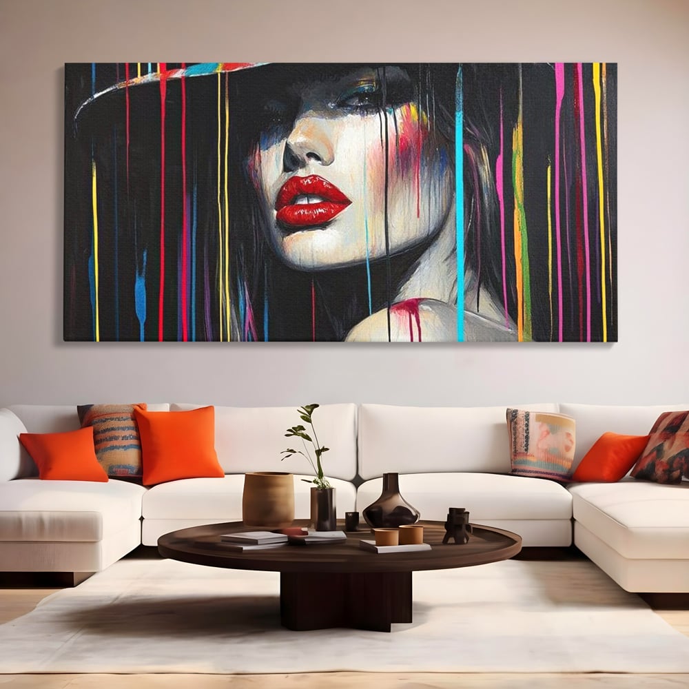 Leinwand Premium Canvas Wandbilder, LuxCanva® G1099, Farbe Drama, Glam, Neon, Lippen, Rot, Exzentrisch, Grazien, Hut, Hut, Portrait, Feminismus, Wohnen, Schlafzimmer