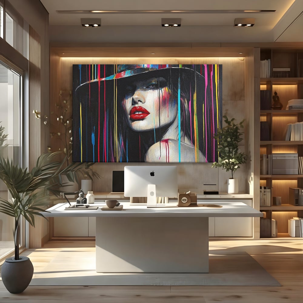 Leinwand Premium Canvas Wandbilder, LuxCanva® G1099, Farbe Drama, Glam, Neon, Lippen, Rot, Exzentrisch, Grazien, Hut, Hut, Portrait, Feminismus, Wohnen, Schlafzimmer