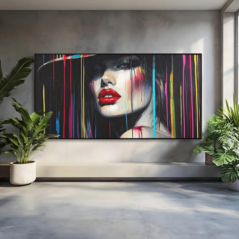 Leinwand Premium Canvas Wandbilder, LuxCanva® G1099, Farbe Drama, Glam, Neon, Lippen, Rot, Exzentrisch, Grazien, Hut, Hut, Portrait, Feminismus, Wohnen, Schlafzimmer