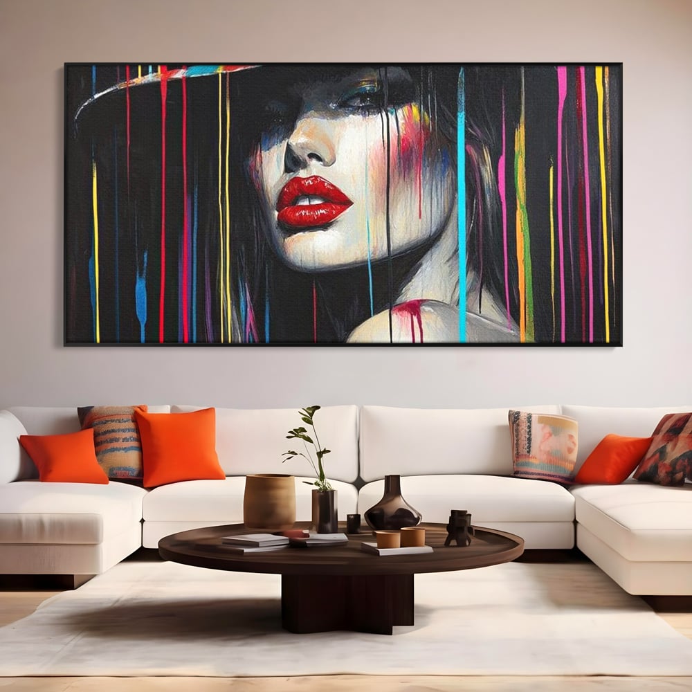 Leinwand Premium Canvas Wandbilder, LuxCanva® G1099, Farbe Drama, Glam, Neon, Lippen, Rot, Exzentrisch, Grazien, Hut, Hut, Portrait, Feminismus, Wohnen, Schlafzimmer