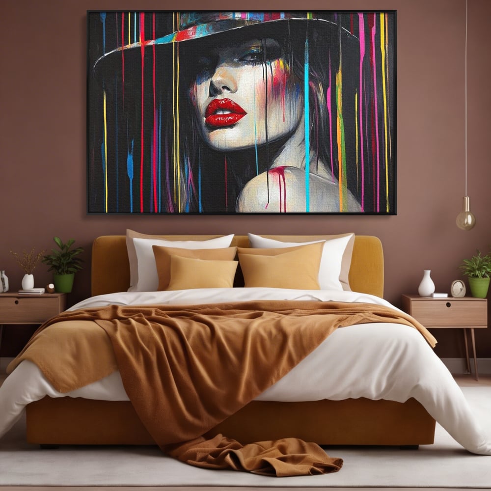 Leinwand Premium Canvas Wandbilder, LuxCanva® G1099, Farbe Drama, Glam, Neon, Lippen, Rot, Exzentrisch, Grazien, Hut, Hut, Portrait, Feminismus, Wohnen, Schlafzimmer